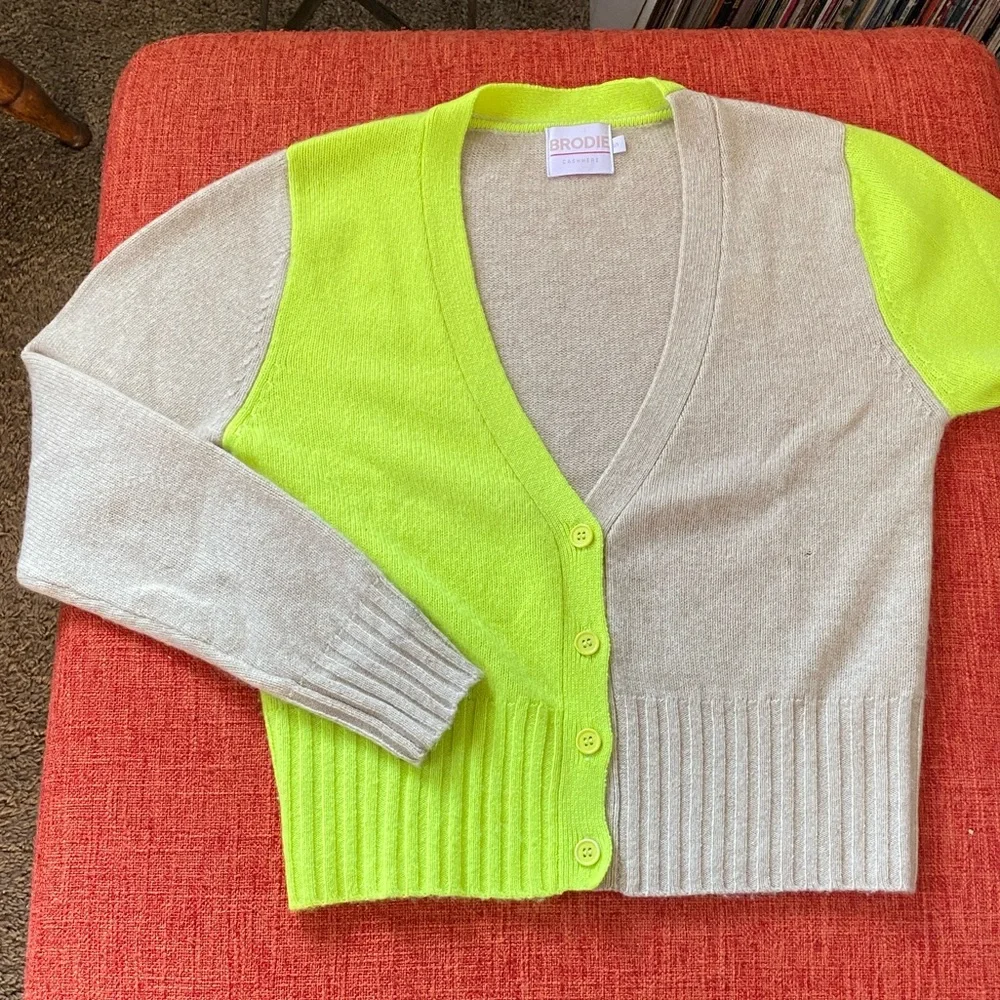 Brodie Cashmere Neon Green ColorBlock Cardigan Sweater - Picture 6 of 15